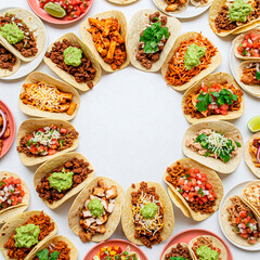 Mexican tacos on white background. Top view. Flat lay.