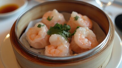 Shrimp dumplings in bamboo steamer with fresh herbs and napkin folded elegantly beside