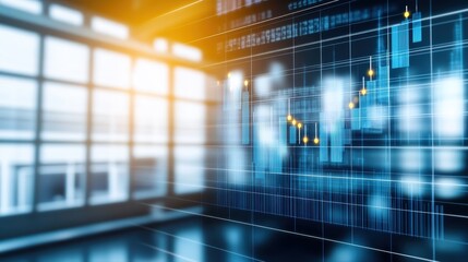Digital stock market graph with rising trend lines and data visualization on a futuristic glowing financial technology interface in a modern office setting