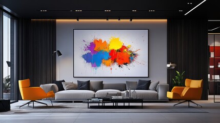 a modern office or living room with a surreal painting as the focal point. The room should have contemporary furniture and a clean, with the surreal painting prominently displayed on the wall
