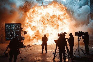 Fire Explosion Filming; indoor; crew; action; dramatic