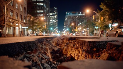 Obraz premium Urban street split by earthquake revealing deep fissures, debris, and partially buried cars under a damaged cityscape