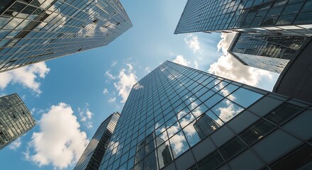 Naklejka na ściany i meble Skyward Metropolis: Glass Towers Reflecting Clouds