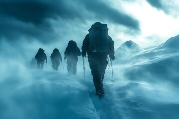 Climbers navigating a blizzard-swept mountain pass