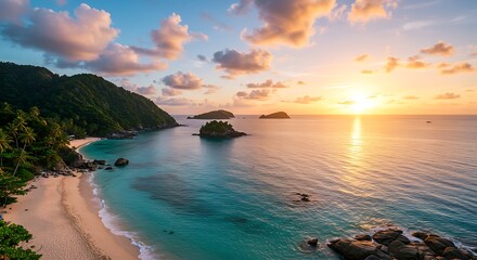 A stunning panoramic view of a tropical bay at sunrise, with vibrant oranges and yellows painting the sky and reflecting on the turquoise water, fringed by lush green coastline.