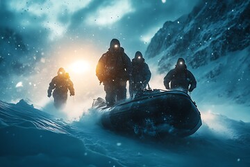 Climbers in raft navigate snowy mountain terrain during blizzard
