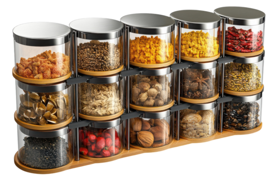 A captivating spice organizer showcasing a vibrant array of exotic spices in glass jars with on transparent background