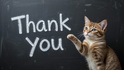 A playful cat interacting with a chalkboard, displaying a whimsical 'Thank You' message. Perfect for pet lovers.