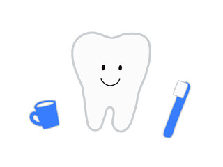 歯・歯ブラシ・コップ：健康で元気な歯のイラスト・青・主線あり