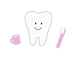 歯・歯ブラシ・コップ：健康で元気な歯のイラスト・ピンク・主線あり