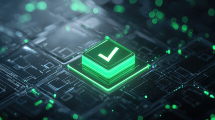 glowing green checkmark symbol sits prominently on digital circuit board, representing data consent and approval in futuristic, technological setting
