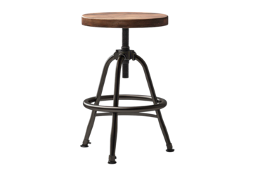 Industrial style adjustable height bar stool with a rustic wooden seat and dark metal frame on transparent background
