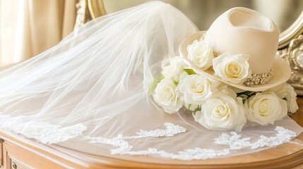 Fototapeta premium Wedding veil and bridal hat on a vintage vanity table with white roses
