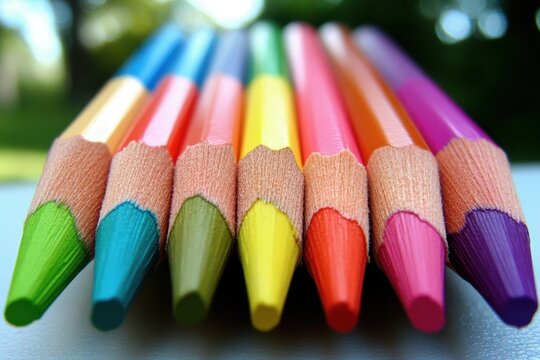 Close-up view of a colorful array of sharpened colored pencils.