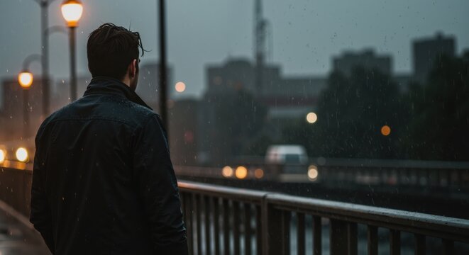 A man stands alone on a rainy city bridge at night, gazing towards the city. The wet pavement reflects the surrounding lights, creating a reflective and somber mood.