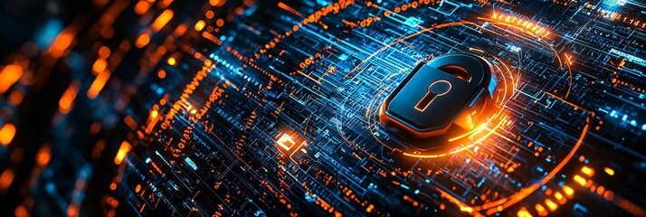 futuristic digital security with cybersecurity lock and data network technology