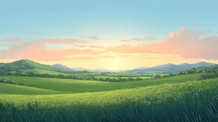 Obraz premium A peaceful green field with distant hills, where the sun is just beginning to rise over the horizon.