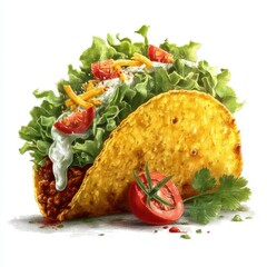 Close up of a hard shell taco filled with seasoned beef, lettuce, cheese, tomatoes, and a creamy sauce. A sliced tomato and cilantro garnish the side. The taco is on a white background. 