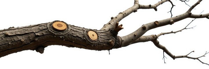 Fototapeta premium Tree branch with knots and scars on a white background, forest, knot, branches