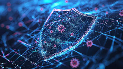 digital shield with glowing lines and virus icons represents antivirus software protection in network. image conveys security and technology concepts