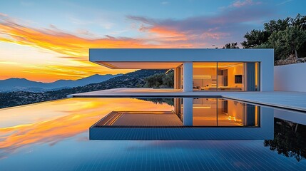 Fototapeta premium Modern minimalist villa with infinity pool reflecting a breathtaking sunset.