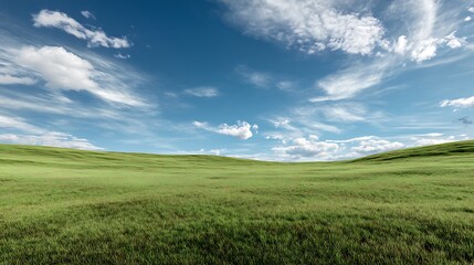 Obraz premium A peaceful, wide-open green grass field under a bright blue sky with soft clouds