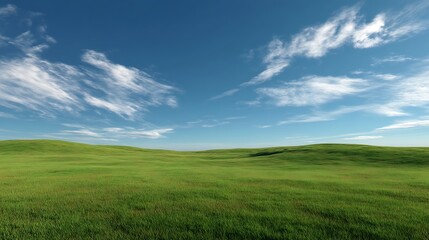 A peaceful, wide-open green grass field under a bright blue sky with soft clouds