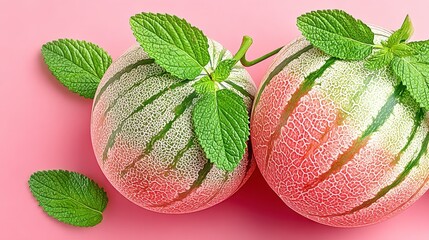 Pixelated Red and Green Fruits with Mint on Pink