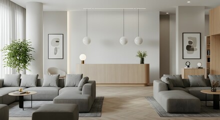 Fototapeta premium Serene Minimalist Lounge Design Modern Interior Architecture with Neutral Tones and Natural Light