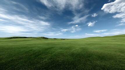 A peaceful, wide-open green grass field under a bright blue sky with soft clouds