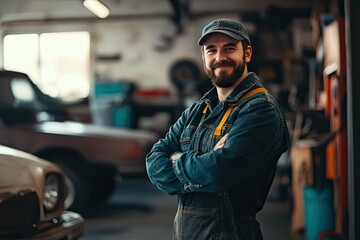 Portrait of a proud mechanic standing next to a car in a garage.
