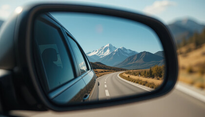 A captivating view of a mountain range, complete with snow-capped peaks, reflected in the side mirror of a car, showcasing a scenic road trip.