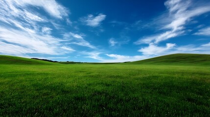 Obraz premium A peaceful, wide-open green grass field under a bright blue sky with soft clouds