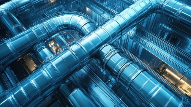 Complex industrial pipes, metallic and blue toned, run parallel. Use it for engineering, manufacturing, energy, or industrial themed projects.