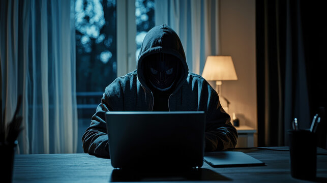 mysterious figure in dark room works on laptop, illuminated by dim lamp, suggesting secretive or illicit activity. atmosphere is tense and enigmatic