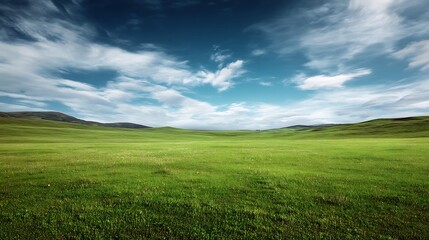 Fototapeta premium A peaceful, wide-open green grass field under a bright blue sky with soft clouds