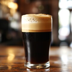 Dark, foamy drink in a glass