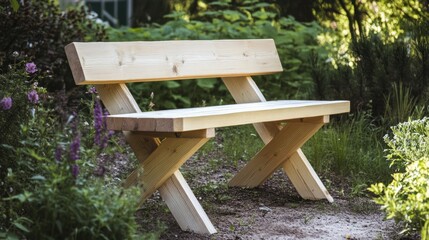 Fototapeta premium Wooden bench sits on path in summer garden setting for relaxation and leisure use