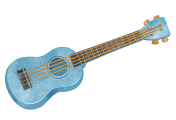 Ukulele. Cute blue guitar. Musical instruments for kids, music training. Clip art for design. Watercolor illustration on isolated white background.