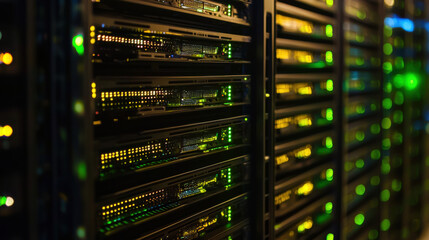 Naklejka premium row of illuminated server racks in data center showcases vibrant glow of green and yellow lights, indicating active data processing and network connectivity