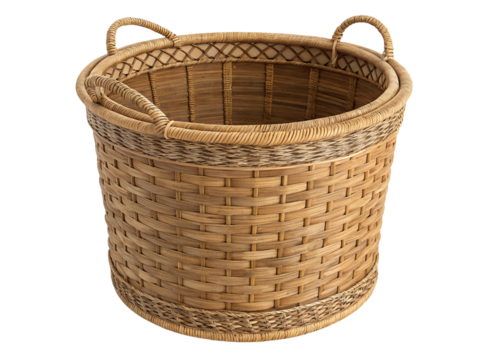 A woven basket for storing things isolated on a white background.