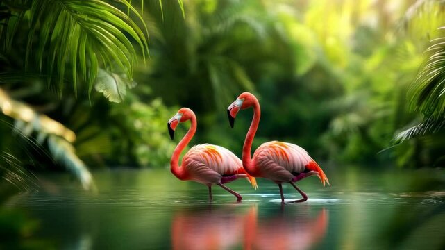 Elegant flamingos wading in a lush tropical setting