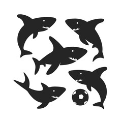 set of Shark playing soccer vector silhouette illustration isolated on white background