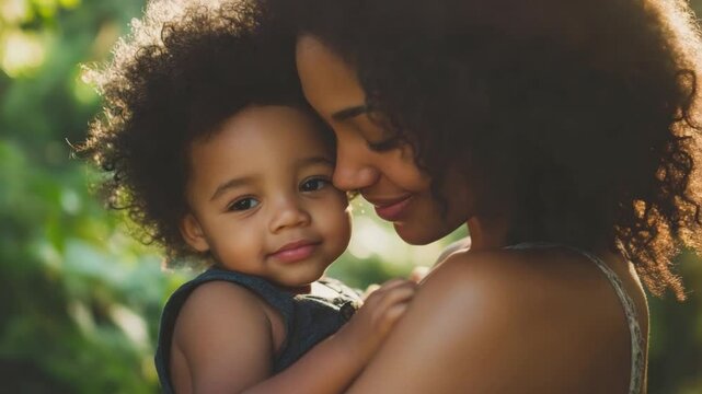 Mother's Love:  A young mother tenderly embraces her infant child,  capturing the unbreakable bond and heartwarming love between parent and child. The soft sunlight bathes them in a golden glow.