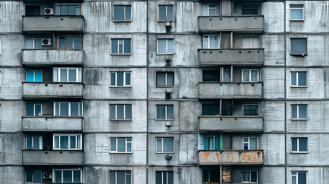 Symmetrical view of a weathered Soviet-era apartment building with worn concrete walls and aging balconies