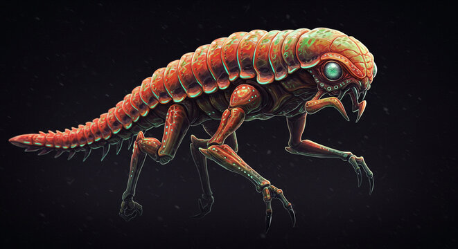 Illustration of a segmented insectoid creature with sharp claws and a menacing green eye on black