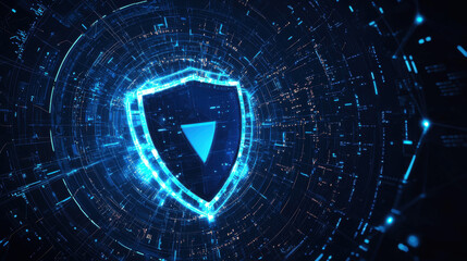 glowing digital shield symbolizes cybersecurity, surrounded by network of interconnected lines and nodes, representing data protection and internet security. futuristic design conveys sense