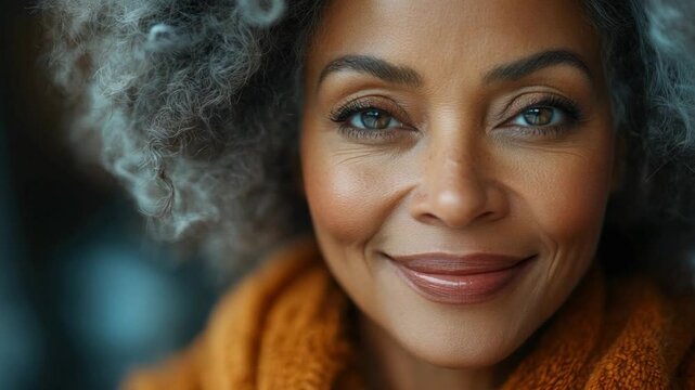 Warmth and Wisdom: A close-up portrait of a woman with warm, kind eyes and a gentle smile. Her natural beauty shines through, exuding confidence and a quiet strength.