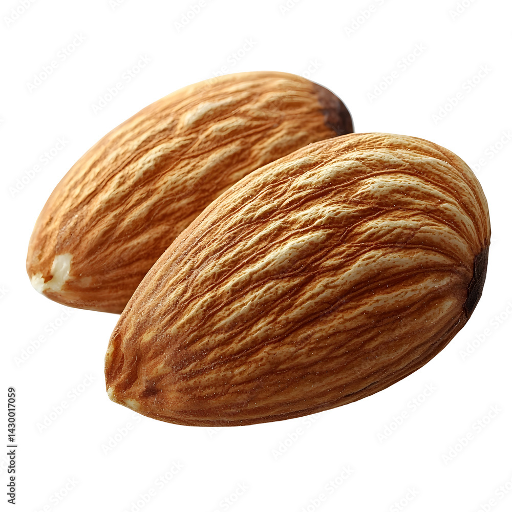 Poster detailed close up image of a single almond nut with a smooth brown shell centered on a plain white b