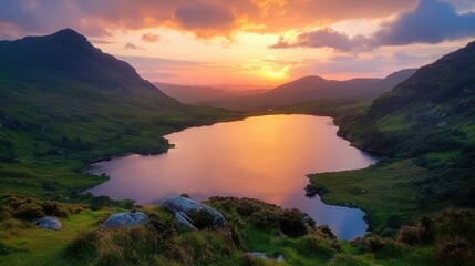 A serene Irish mountain landscape at sunset, with the sky painted in shades of orange and pink.